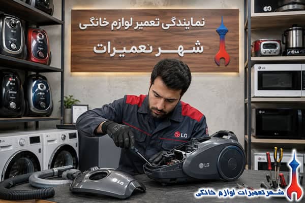 تعمیرکار در حال تعمیر جاروبرقی ال جی
