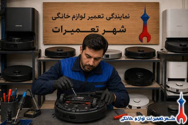 تعمیرکار در حال تعمیر جارو رباتیک روبوراک
