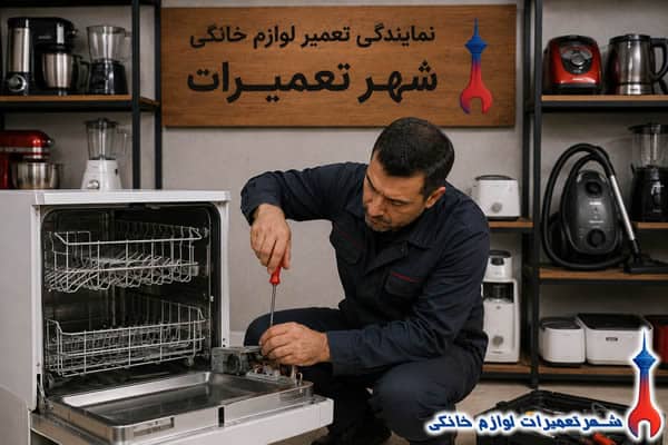 تکنسین شهر تعمیرات هنگام تعمیر ماشین ظرفشویی