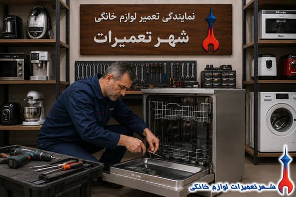 تعمیرکار در حال تعمیر ماشین ظرفشویی میله