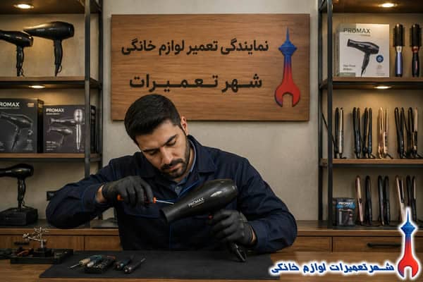 تعمیرکار در حال تعمیر سشوار پرومکس