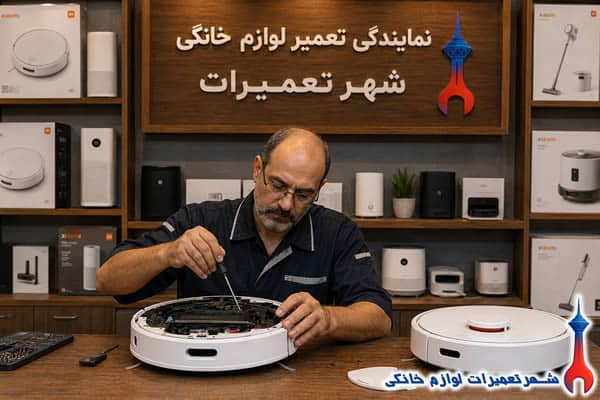 تعمیرکار در حال تعمیر جارو رباتیک شیائومی