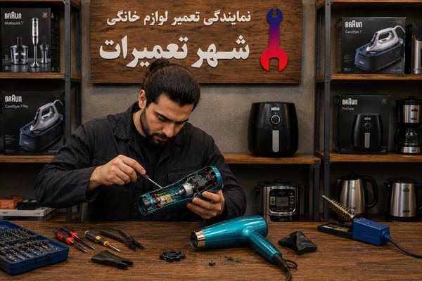 تعمیرکار متخصص در حال بررسی دقیق سشوار براون Braun