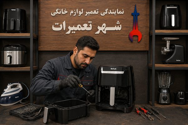 تعمیرکار در حال بررسی و تعمیر هواپز تفال Tefal