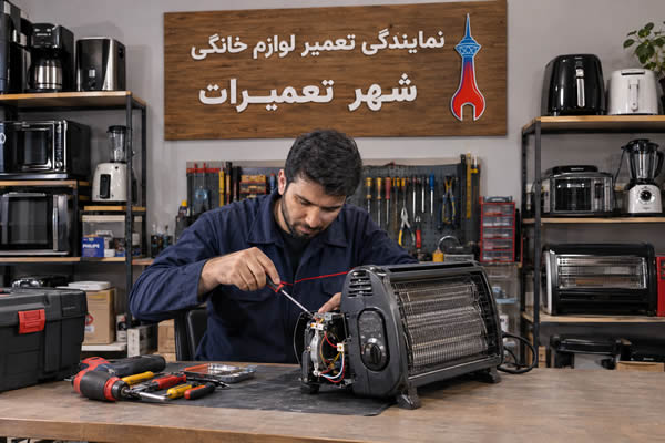 تکنسین شهر تعمیرات در حال تعمیر بخاری برقی