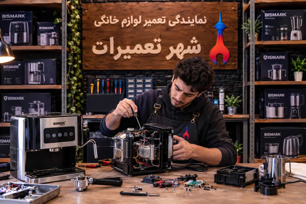 تکنسین متخصص شهر تعمیرات در حال عیب یابی اسپرسوساز بیسمارک Bismark