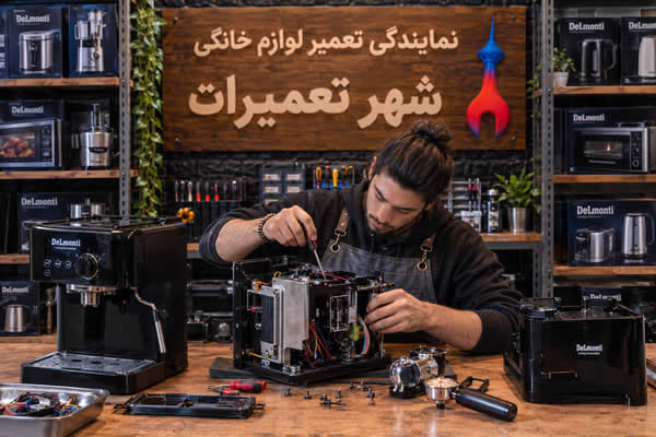 کارشناس مجرب شهر تعمیرات در حال بررسی اسپرسوساز دلمونتی Delmonti