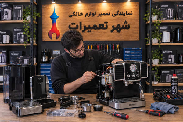 تکنسین مجرب شهر تعمیرات در حال کار روی اسپرسوساز دسینی Dessini