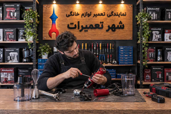 تعمیرکار در حال تعمیر گوشت کوب برقی کیچن اید Kitchen Aid