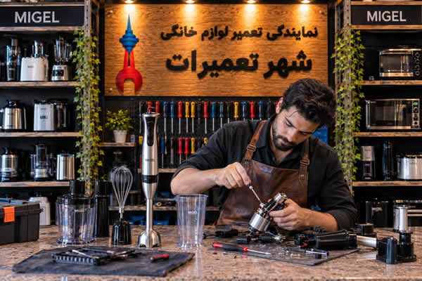 تعمیرکار در حال عیب یابی گوشت کوب برقی میگل Migel