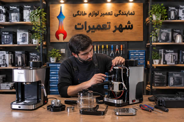 تکنسین در حال تعمیر اسپرسوساز تکنو Techno