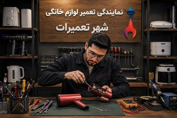 تعمیرکار مجرب در حال بررسی و تعمیر سشوار شیائومی Xiaomi در مرکز شهر خدمات