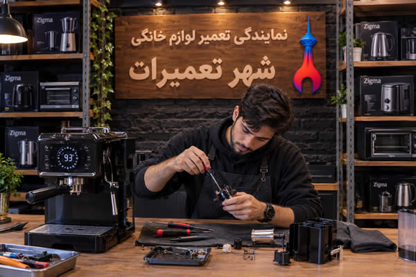 تعمیرکار مجرب شهر تعمیرات در حال عیب یابی اسپرسوساز زیگما Zigma