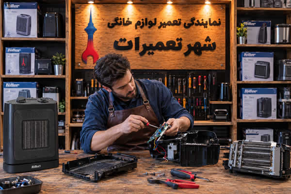 تعمیرکار شهر تعمیرات در حال بررسی بخاری برقی فلر Feller