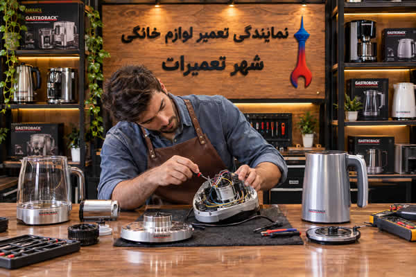 تعمیرکار در حال کار روی چای ساز و کتری برقی گاستروبک Gastroback