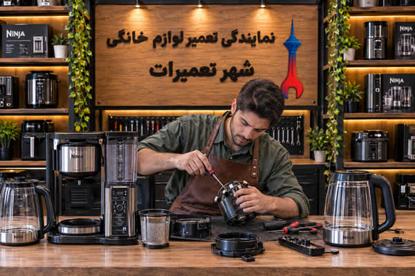 تعمیرکار خبره شهر تعمیرات در حال بررسی چای ساز و کتری برقی نینجا Ninja